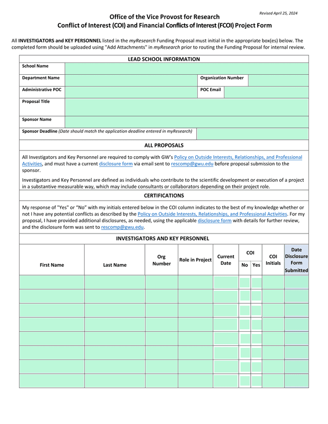 Conflict Of Interest (COI) And Financial Conflicts Of Interest (FCOI) Project Form screenshot