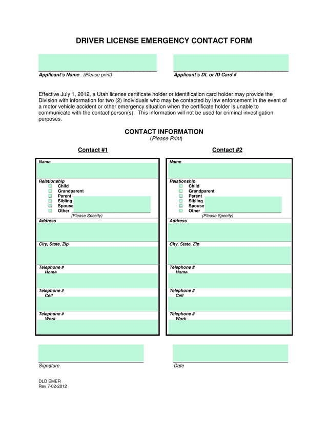 DRIVER LICENSE EMERGENCY CONTACT FORM screenshot