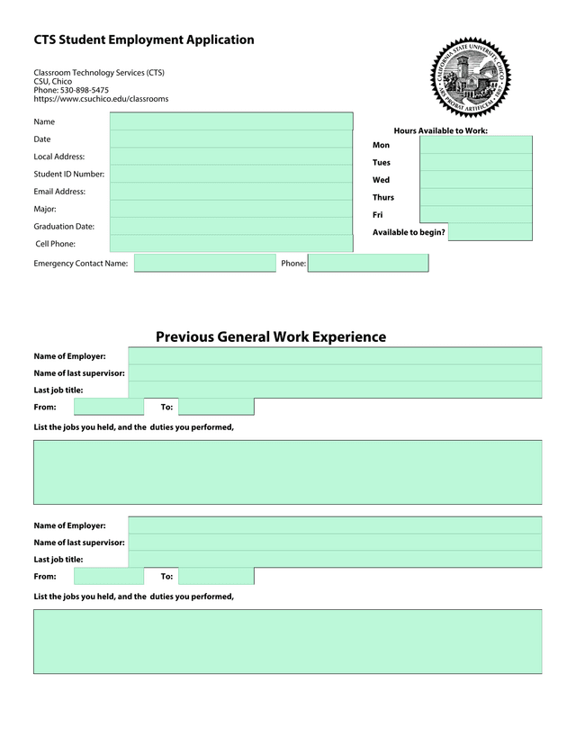 CTS Student Employment Application screenshot