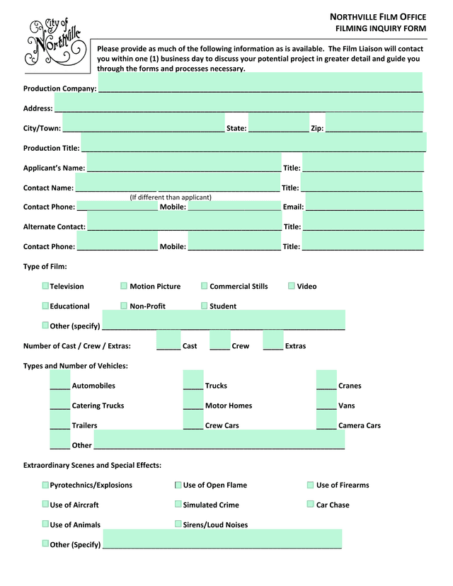Northville Film Office Filming Inquiry Form screenshot