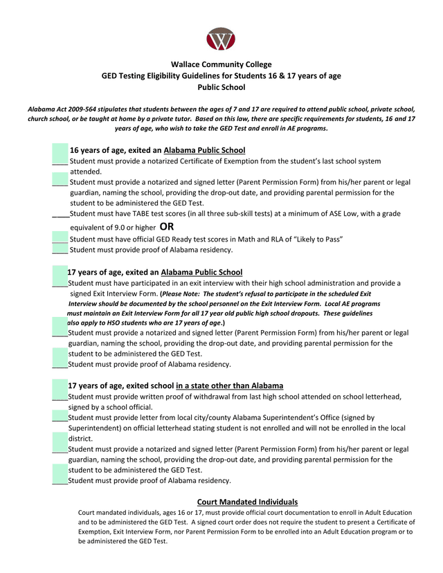 GED Testing Eligibility Guidelines For Students 16  17 Years Of Age screenshot