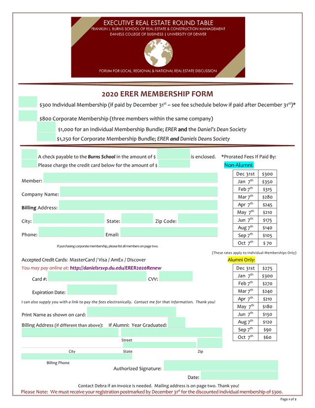 2020 ERER Membership Form screenshot