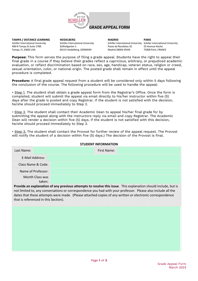 Grade Appeal Form screenshot