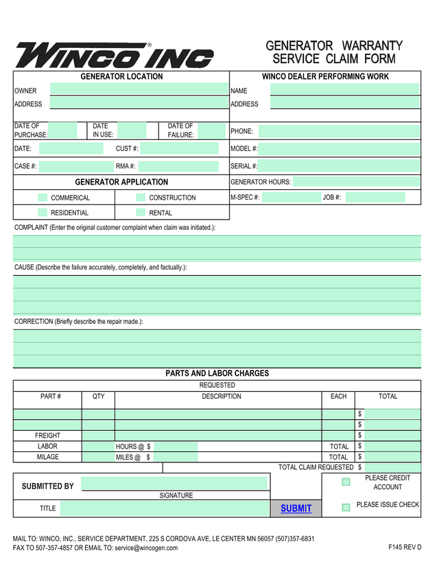 GENERATOR WARRANTY SERVICE CLAIM FORM screenshot