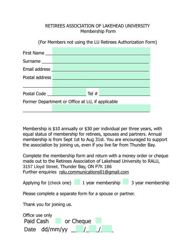 Retirees Association Of Lakehead University Membership Form screenshot