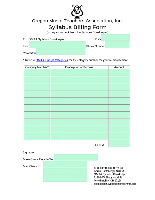 Oregon Music Teachers Association, Inc. Syllabus Billing Form screenshot