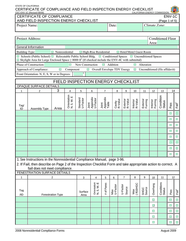 Certificate Of Compliance And Field Inspection Energy Checklist screenshot