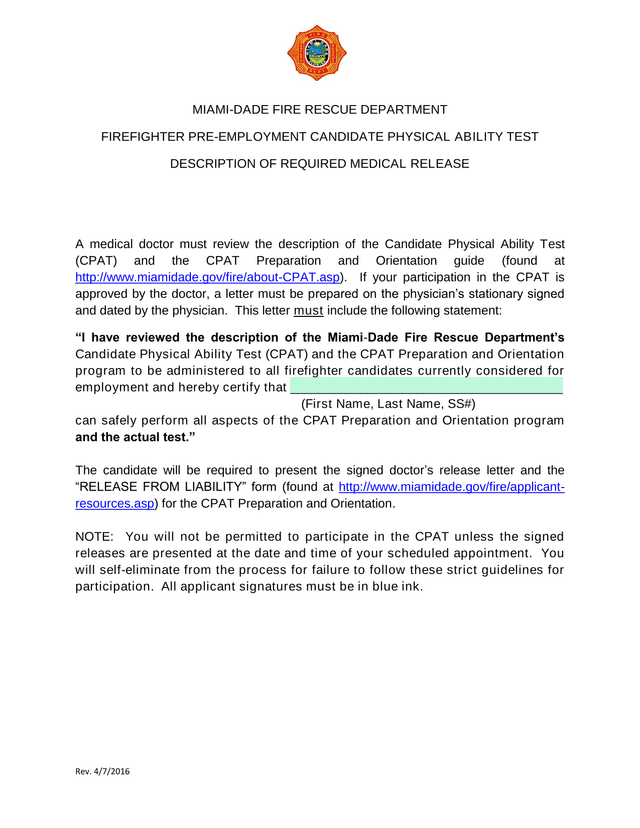 Firefighter Pre Employment Candidate Physical Ability Test Description Of Required Medical Release screenshot