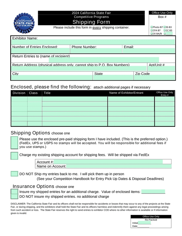 2024 California State Fair Shipping Form screenshot