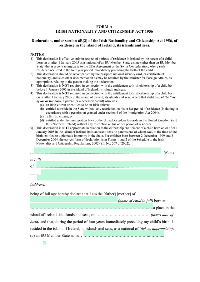 Form A   Irish Nationality And Citizenship Act 1956 screenshot