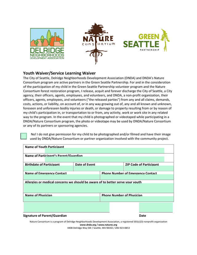 Youth WaiverService Learning Waiver screenshot