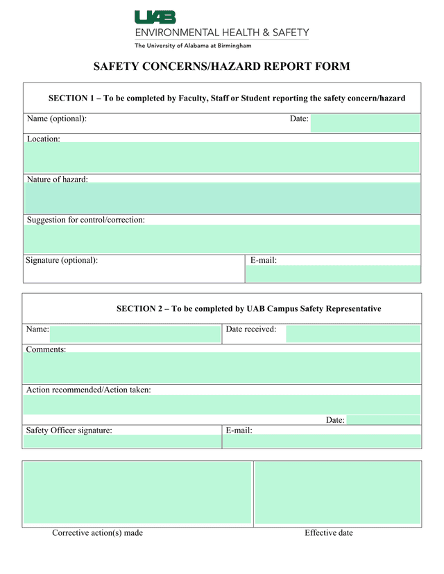 Safety ConcernsHazard Report Form screenshot