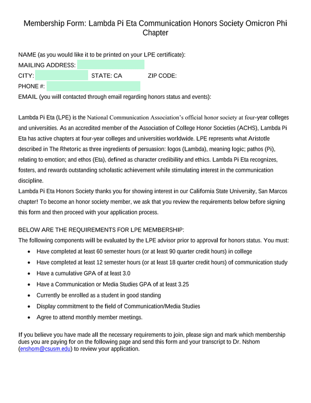 Membership Form Lambda Pi Eta Communication Honors Society screenshot