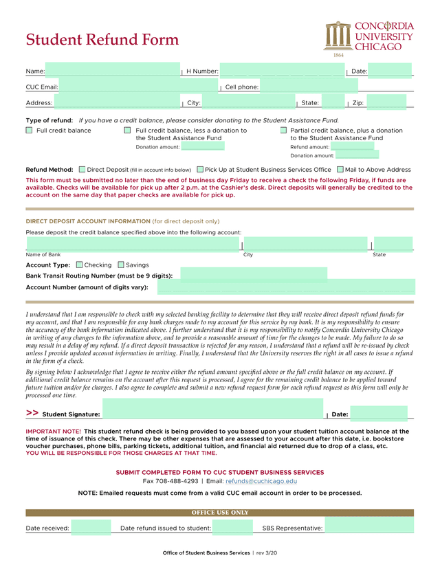 Student Refund Form screenshot
