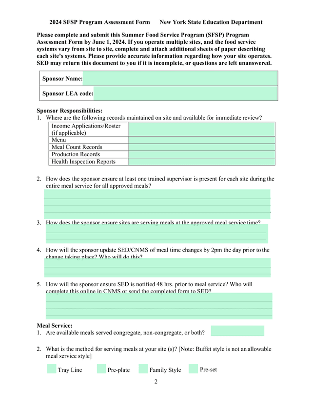 2024 SFSP Program Assessment Form screenshot