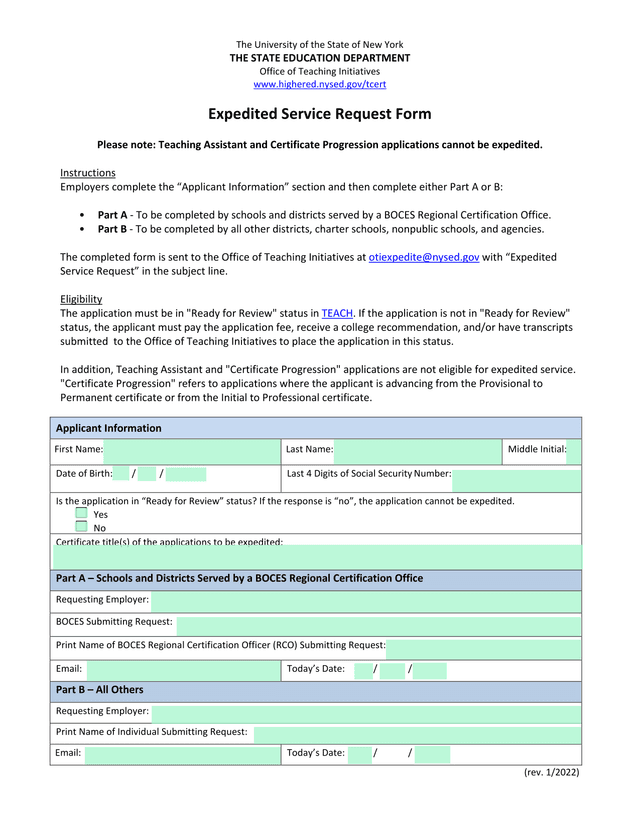 Expedited Service Request Form screenshot