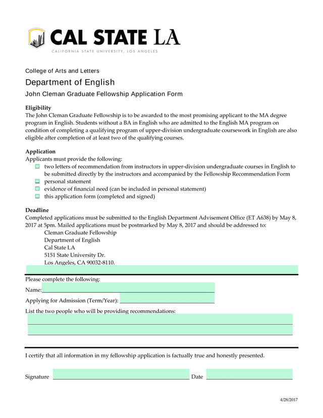 John Cleman Graduate Fellowship Application Form screenshot