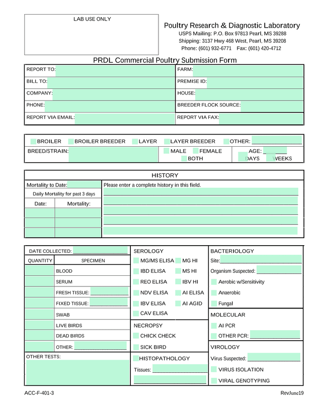 PRDL Commercial Poultry Submission Form screenshot