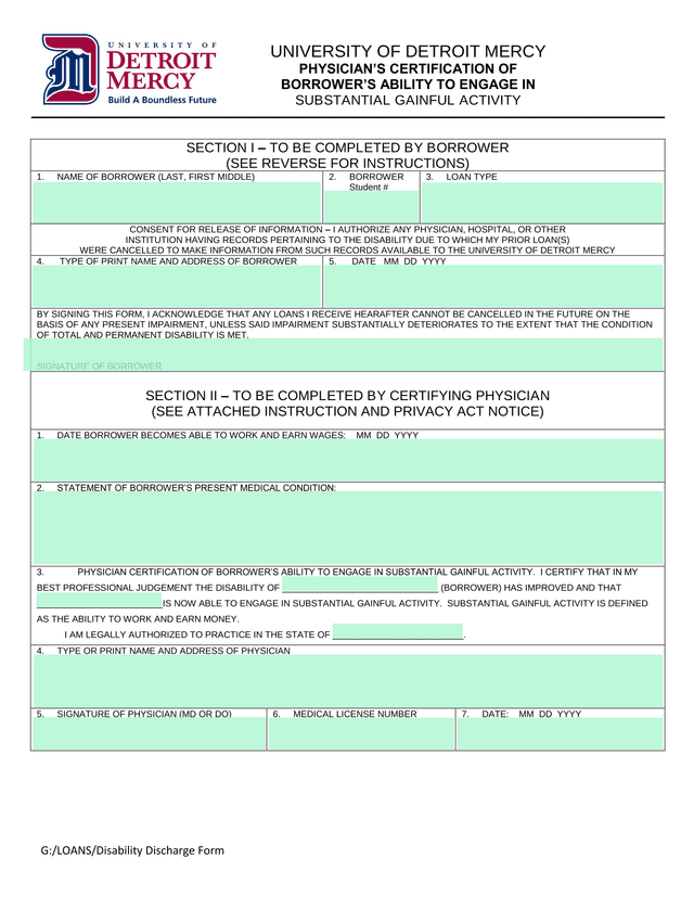 PhysicianS Certification Of BorrowerS Ability To Engage In Substantial Gainful Activity screenshot