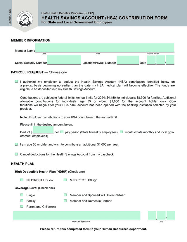 Health Savings Account (HSA) Contribution Form screenshot