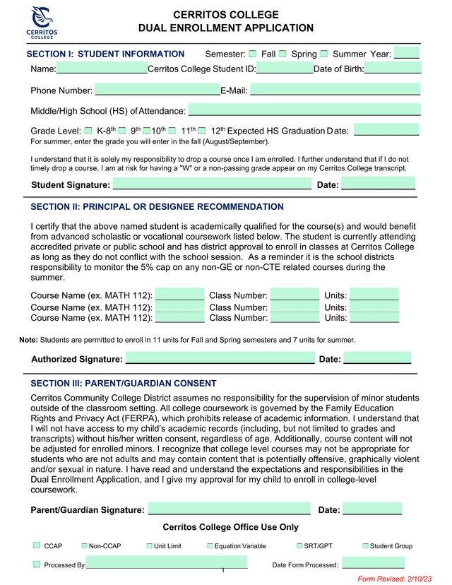 Cerritos College Dual Enrollment Application screenshot