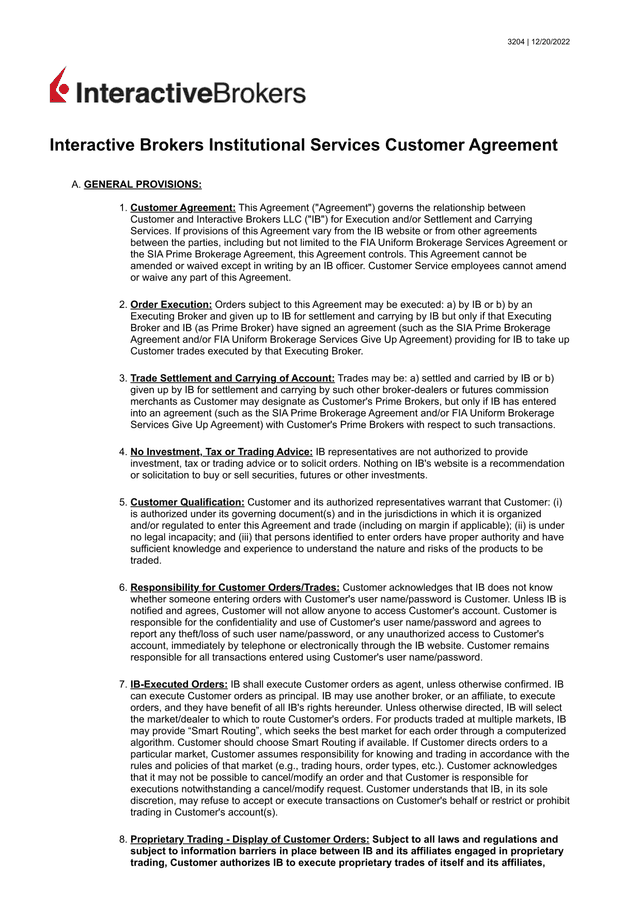 Interactive Brokers Institutional Services Customer Agreement screenshot