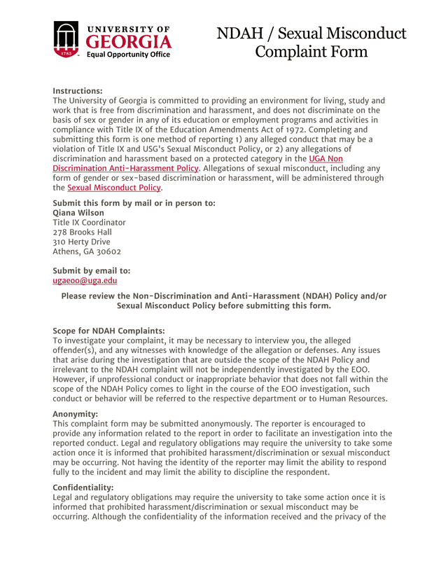 NDAH  Sexual Misconduct Complaint Form screenshot