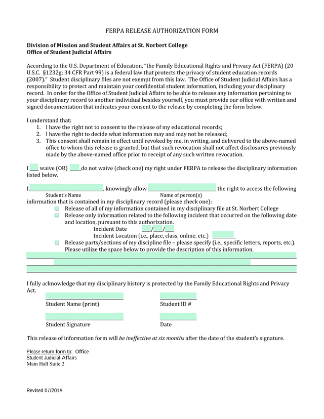 FERPA RELEASE AUTHORIZATION FORM screenshot