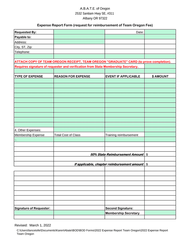 Expense Report Form (Request For Reimbursement Of Team Oregon Fee) screenshot
