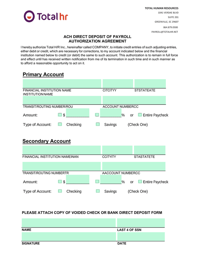 ACH Direct Deposit Of Payroll Authorization Agreement screenshot