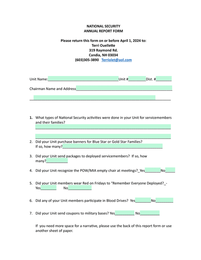 National Security Annual Report Form screenshot