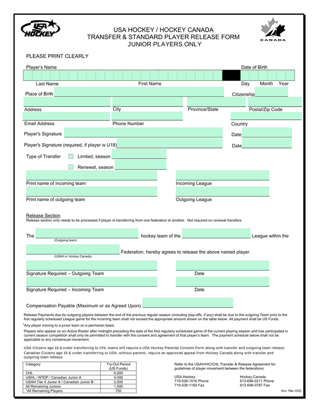 USA HOCKEY  HOCKEY CANADA TRANSFER  STANDARD PLAYER RELEASE FORM screenshot