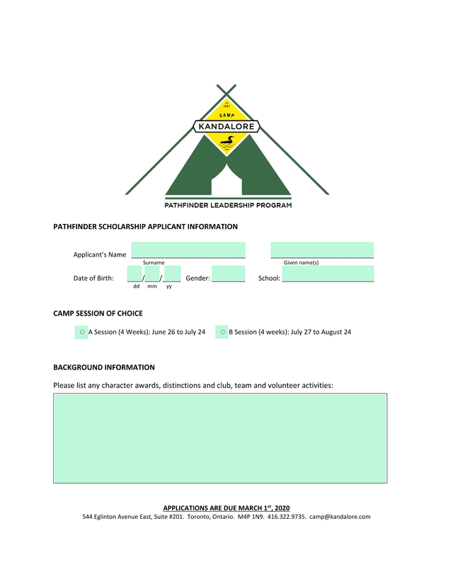 PATHFINDER SCHOLARSHIP APPLICANT INFORMATION screenshot