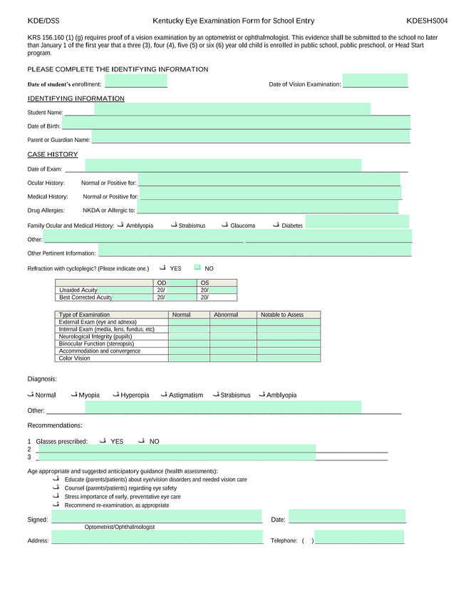 Kentucky Eye Examination Form For School Entry screenshot