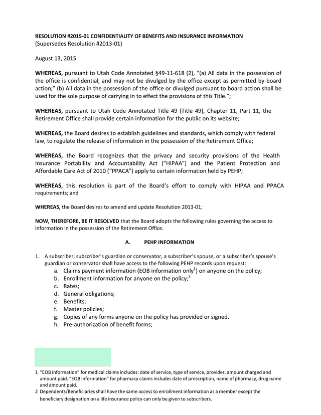 Resolution 2015 01 Confidentiality Of Benefits And Insurance Information screenshot