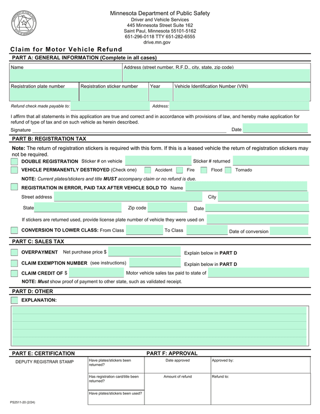 Claim For Motor Vehicle Refund screenshot