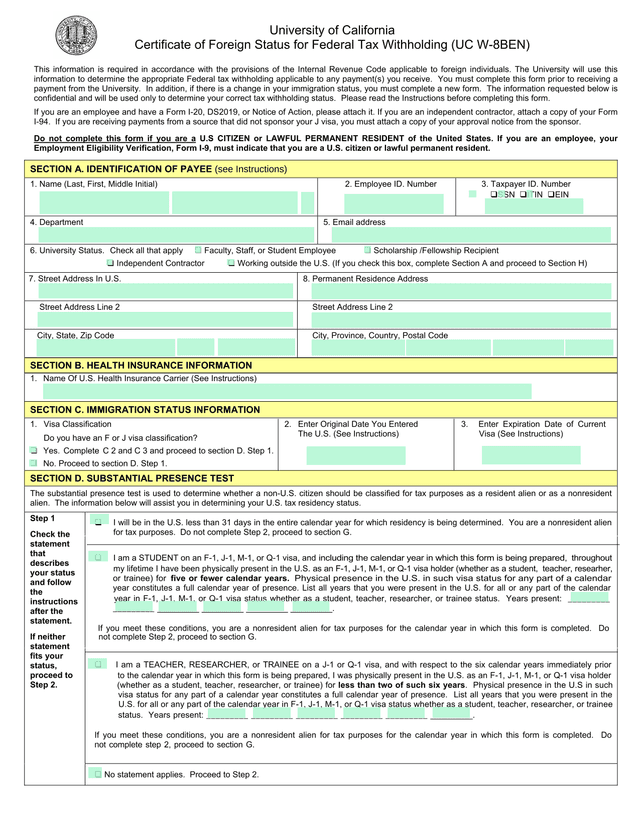 Certificate Of Foreign Status For Federal Tax Withholding (UC W 8BEN) screenshot