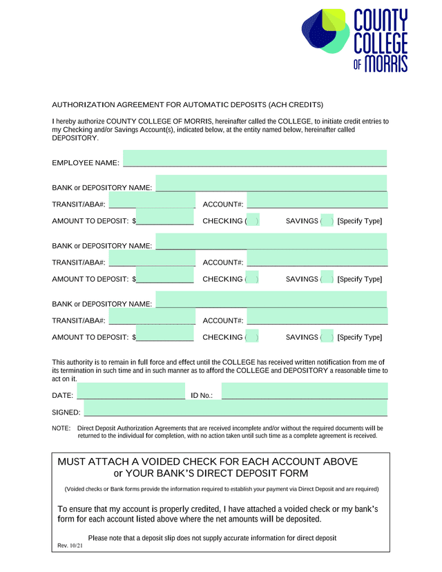 AUTHORIZATION AGREEMENT FOR AUTOMATIC DEPOSITS (ACH CREDITS) screenshot
