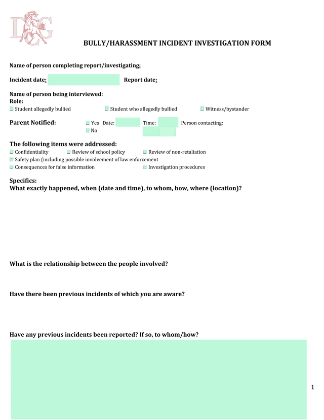 BULLYHARASSMENT INCIDENT INVESTIGATION FORM screenshot