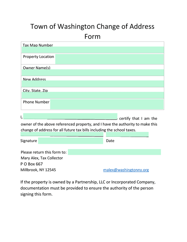 Town Of Washington Change Of Address Form screenshot