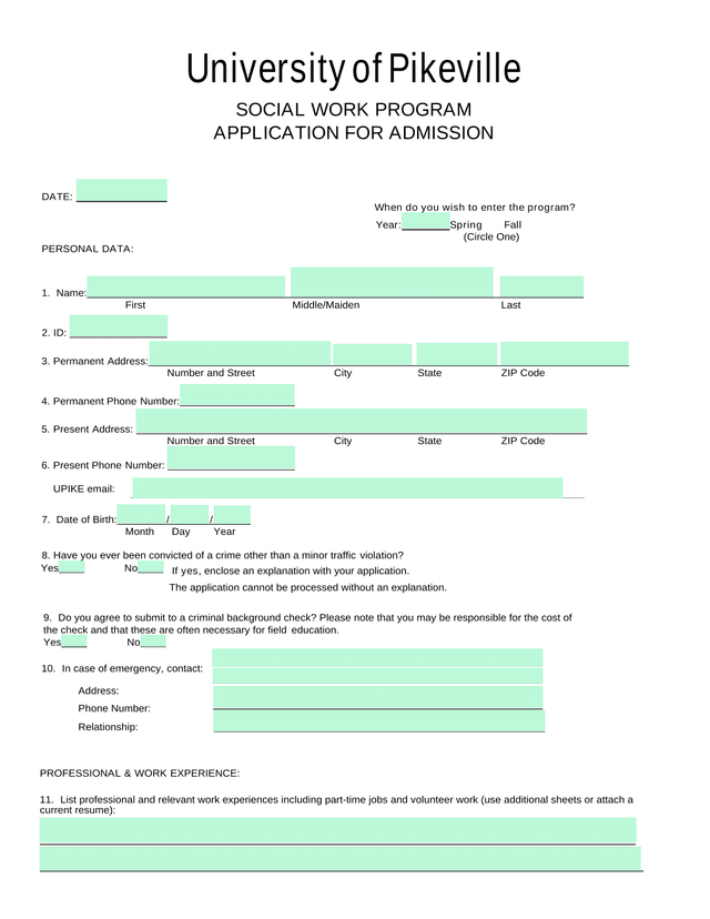 University Of Pikeville Social Work Program Application For Admission screenshot