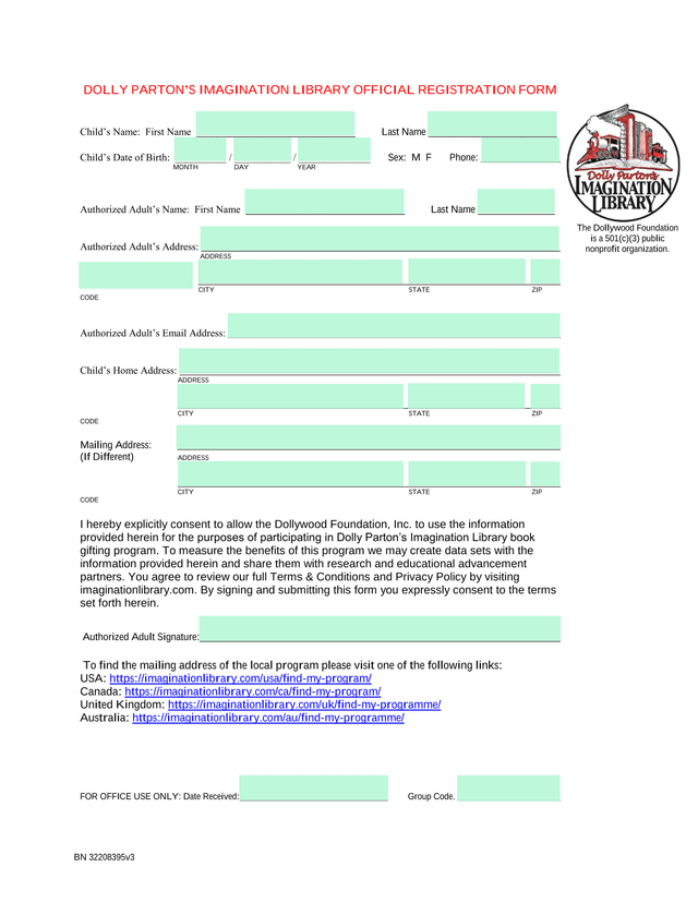 DOLLY PARTONS IMAGINATION LIBRARY OFFICIAL REGISTRATION FORM screenshot
