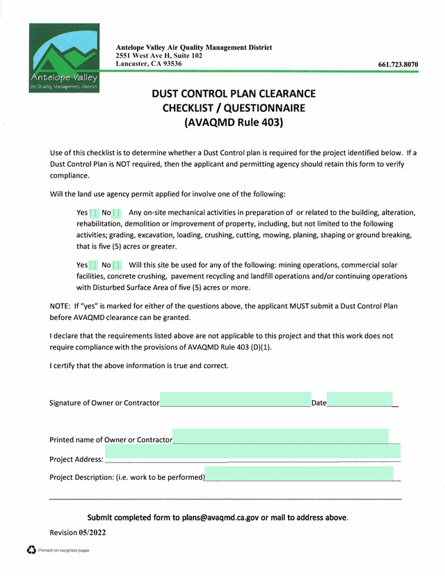 Dust Control Plan Clearance ChecklistQuestionnaire screenshot