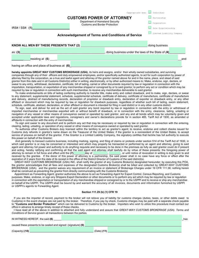 Customs Power Of Attorney screenshot