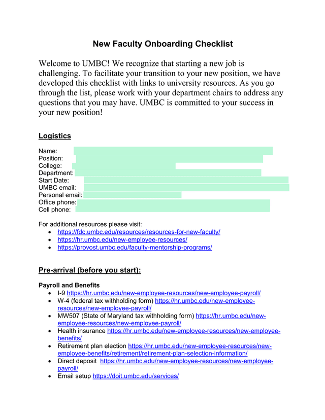 New Faculty Onboarding Checklist screenshot