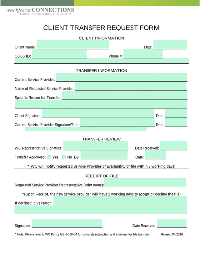 CLIENT TRANSFER REQUEST FORM screenshot
