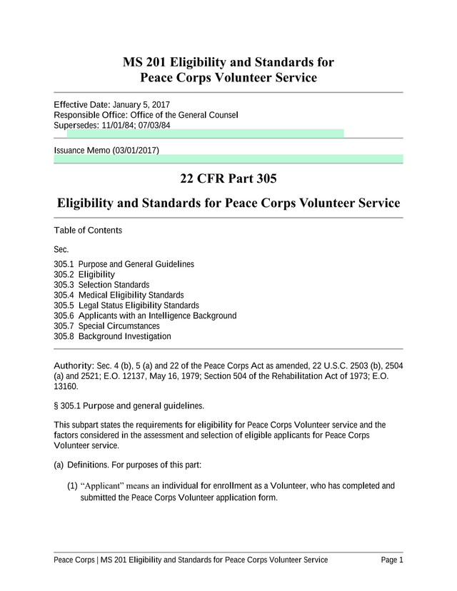 MS 201 Eligibility And Standards For Peace Corps Volunteer Service screenshot
