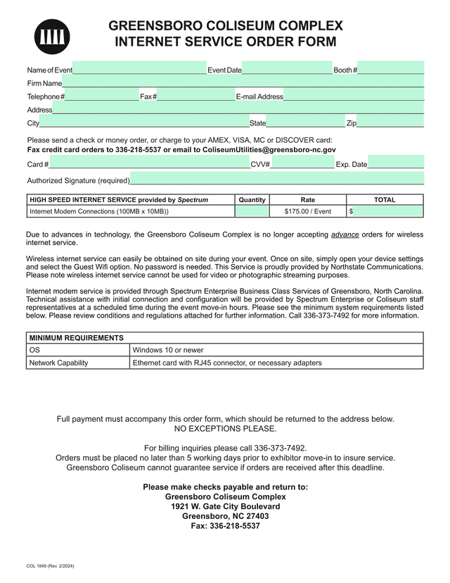 Greensboro Coliseum Complex Internet Service Order Form screenshot