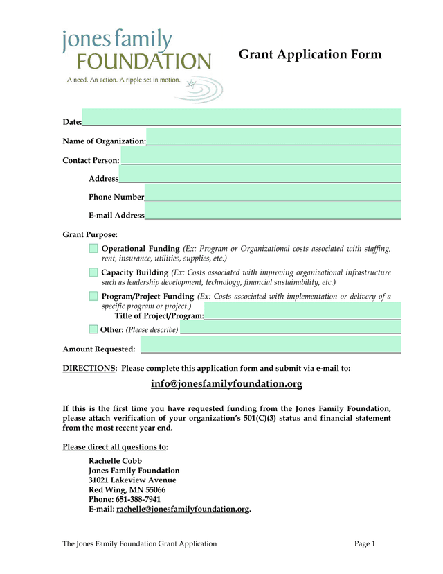 Jones Family Foundation Grant Application screenshot
