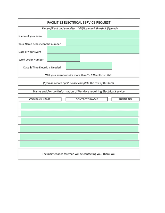 Facilities Electrical Service Request screenshot